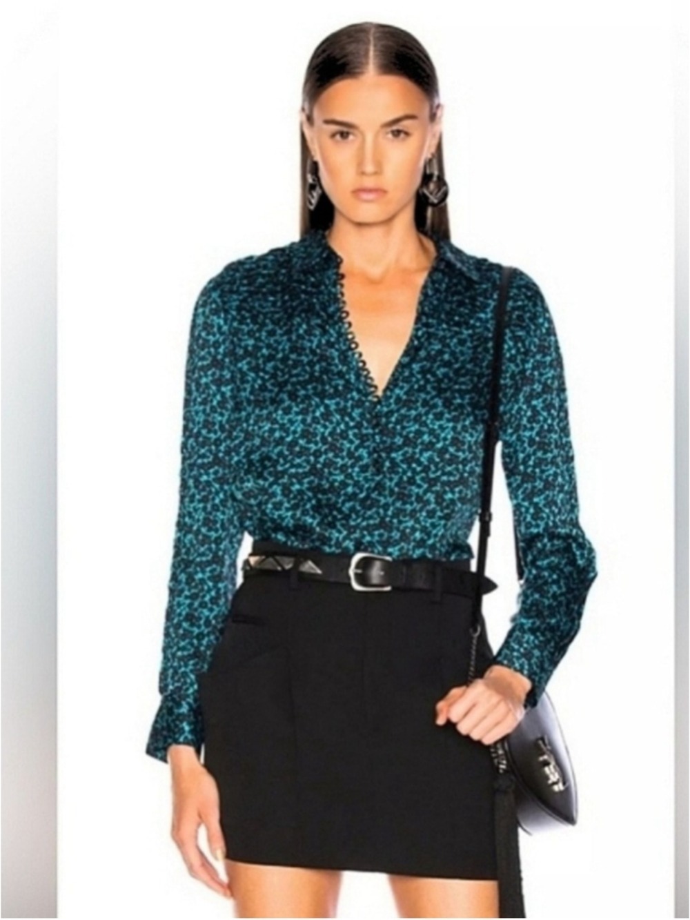 REVOLVE Equipment Bina Black and Blue Cheetah Dot Button Loop Blouse Women's Med